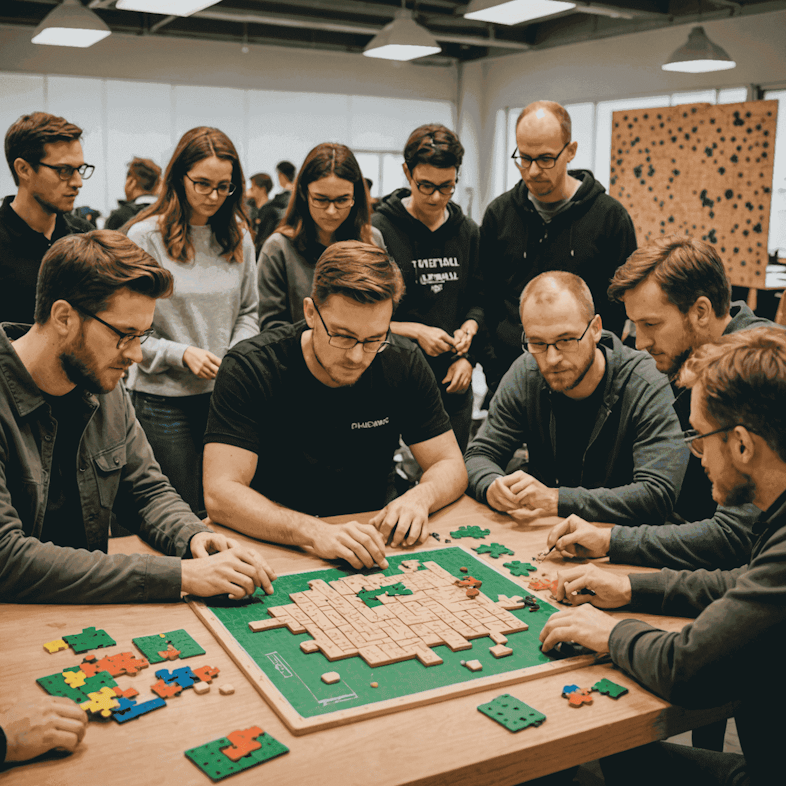 Equipo de sabiosdeltablero.com trabajando en nuevos diseños de puzles. Se ve un grupo diverso de personas sentadas alrededor de una mesa llena de prototipos de juegos, tableros de Plinko y otros rompecabezas innovadores.