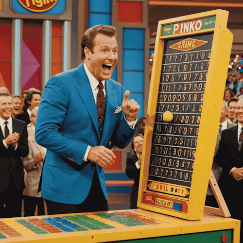 Imagen histórica del juego Plinko en el programa de televisión 'El Precio Justo', mostrando el tablero icónico y un concursante emocionado