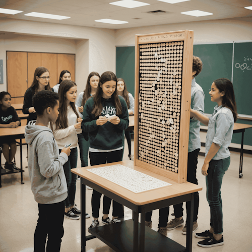 Estudiantes jugando Plinko en un aula, con un gran tablero de Plinko en el centro y grupos de estudiantes alrededor, tomando notas y discutiendo los resultados